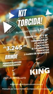 Fala galera!

Atendendo a pedidos, o Seu King manteve a promoção do Kit Torcida.

Instrumentos em alumínio com a chapa de 1.2mm!

E você ainda leva os acessórios e o adesivo com a sua arte totalmente grátis!

Isso é ou não é uma promoção bacana?

Mas ó: corre lá porque é por tempo limitado!

O batuque já tá rolando e você não quer ficar de fora, não é?!

Kit Torcida King Instrumentos Musicais!

Sua melhor opção em percussão!

Aquele abraço!

#batuque 
#percussao 
#samba 
#carnaval 
#bateria
